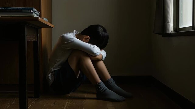 机と窓際の影にうずくまり、深く落ち込み、顔を覆うように項垂れる少年（児童のメンタルヘルス）