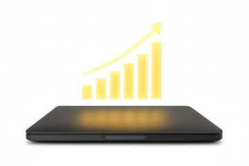 Smartphone displaying glowing growth bar chart with rising arrow, showing business success and financial improvement on transparent background