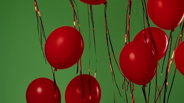 Many red helium balloons with shiny ribbons float upward against a green background with a chroma key effect. Birthday, party decoration, holiday, surprise, gift, background, screensaver.