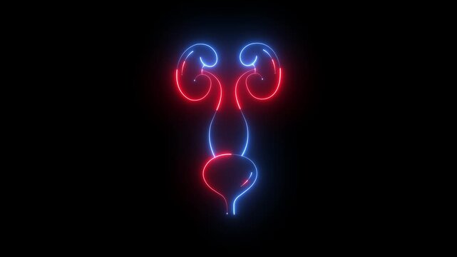 Glowing neon urinary system icon animation on black background. urinary icon. Urinary system Bladder with kidney icon. Human Urinary System Kidneys with Bladder Anatomy Animation Concept.