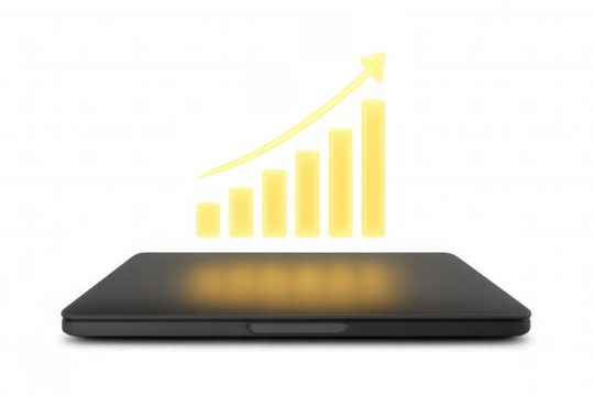 Smartphone displaying glowing growth bar chart with rising arrow, showing business success and financial improvement on transparent background