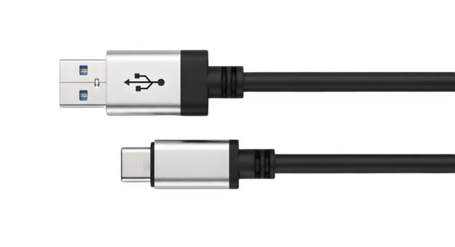 Black USB 3.0 Type-A to Type-C data cable isolated on white background for technology concepts