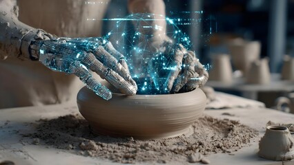 Robotic and clay-covered hands shaping a pot on a potter's wheel, surrounded by a blue holographic network. Concept Clay-covered hands, Robotic clay shaping, Potter's wheel, Blue holographic network