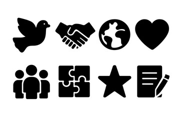 Peace Symbol Icons. Peacebuilding. Filled icon set of Peacebuilding: dove, handshake, globe, heart, group of