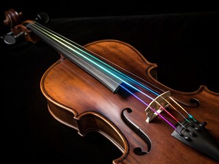 Fototapeta premium Close up of a brown violin with colorful glowing strings against a dark black background studio shot
