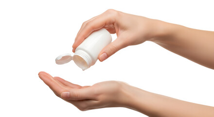 Hands dispensing medicine pills or vitamins from a generic container bottle isolated on white.