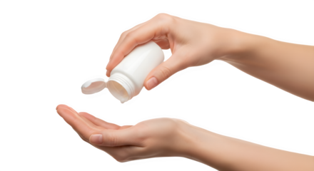 Hands dispensing medicine pills or vitamins from a generic container bottle isolated on white.