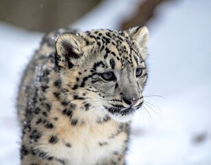 Obraz premium A curious snow leopard cub, its coat spotted, peers intently