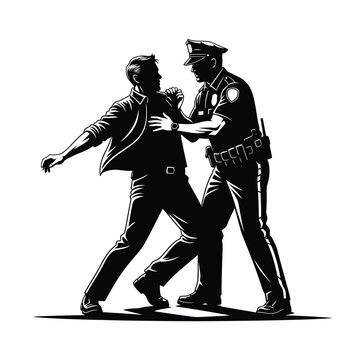 A black and white illustration of a police officer arresting a man in a tense confrontation silhouette