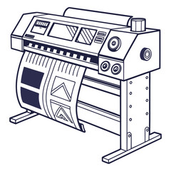 A detailed line art illustration of a large format printer or plotter machine with a roll of paper printing graphics and designs for commercial use