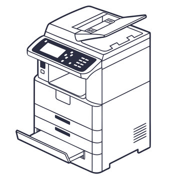 A detailed isometric line art illustration of a modern office multifunction printer scanner copier fax machine with paper tray and control panel