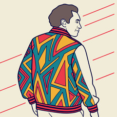 A stylized illustration of a man from behind wearing a vibrant bomber jacket with a bold geometric pattern in red yellow and teal colors set against a cream background with diagonal red lines