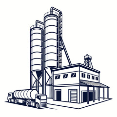 Industrial concrete batching plant with large silos and a tanker truck delivering materials for construction and infrastructure projects © Mamun