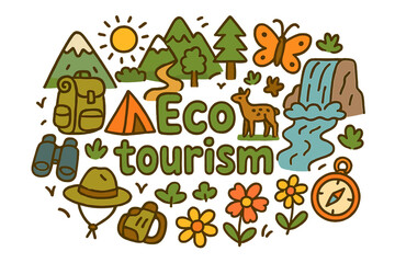 Naklejka premium Eco Tourism Doodle. Eco tourism. Hand-drawn doodle illustration of Eco tourism. trail, mountain, river, tree,