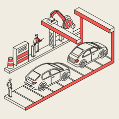 Isometric illustration of a modern car wash with automated robotic arm and attendant preparing for vehicle cleaning service