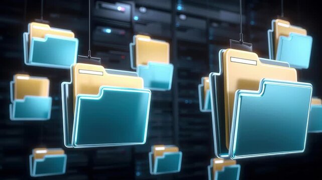 Digital file folder network cloud storage server transfer of glowing hanging folders data archive for organized secure file management and efficient