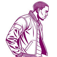 Stylish young man wearing a bomber jacket and striped shirt depicted in a bold purple line art illustration with a thoughtful expression
