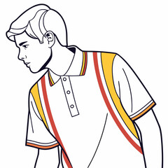 Stylized illustration of a young man with short hair wearing a white polo shirt with red and yellow stripes on the collar and sleeves looking down thoughtfully © Mamun