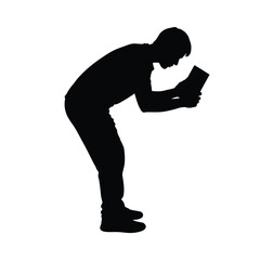 Silhouette of a person bending over and looking at a book or tablet on a white background