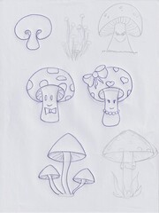 Adorable pencil sketch of mushrooms in a simple, childish style. Minimalist hand-drawn outline perfect for coloring, painting, or nature-themed kids’ art projects.