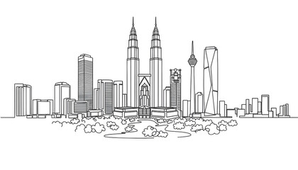 Obraz premium Minimal line art illustration of Kuala Lumpur skyline, Malaysia cityscape with Petronas Twin Towers and KL Tower