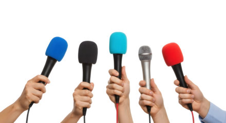 Hands holding colorful microphones up in the air during an interview isolated on white background