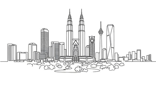 Minimal line art illustration of Kuala Lumpur skyline, Malaysia cityscape with Petronas Twin Towers and KL Tower