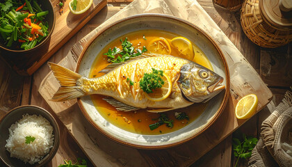 Whole Grilled Fish in Yellow Sauce with Herbs and Lemons for Rustic Food Photography or Pinterest  