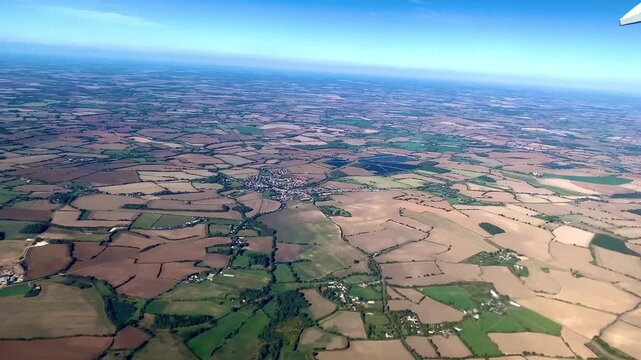 English East Anglia Countryside Region, Aerial Farmland View, Earth Shot From Airplane, Horizon, British Lands, Essex, London, England, United Kingdom, Britain
