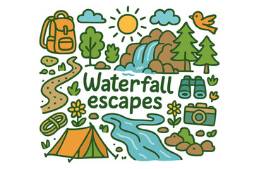 Waterfall Adventure Doodle. Waterfall escapes. Hand-drawn doodle illustration of Waterfall escapes. waterfall,