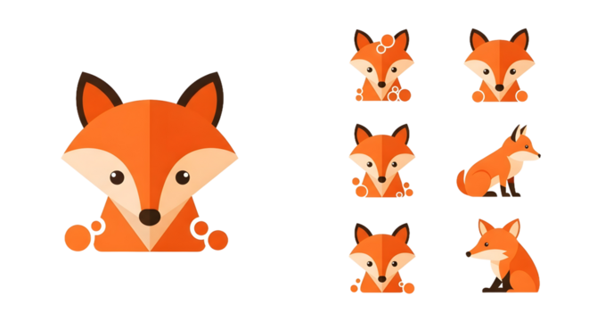 Cute flat design fox character vector set, featuring charming orange and white animal mascots in various poses, ideal for branding, applications, and digital icons