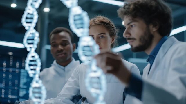 High-tech laboratory where scientists use holographic tools under neon lighting to edit genetic sequences with AI-powered systems, symbolizing futuristic biotechnology, genome innovation, and - Powered by Adobe