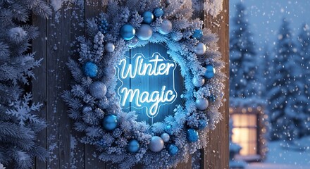 Festive winter wreath glowing with 'Winter Magic' on a snowy evening