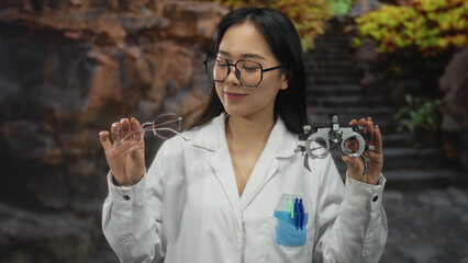 Young woman doctor outdoors in uniform holding glasses and optician tools, showcasing her...