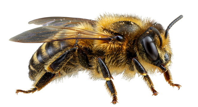 Detailed close-up of a fuzzy bee with delicate wings and striped body on a pristine white background