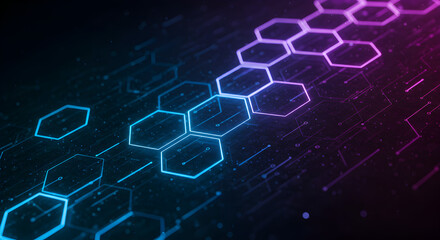 Fototapeta premium Glowing blue and purple hexagons on a dark digital circuit board background 2025 2026 full hd 4k technology background download