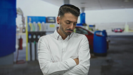 Young hispanic man with arms crossed at outdoor petrol station building; rejection isolation...
