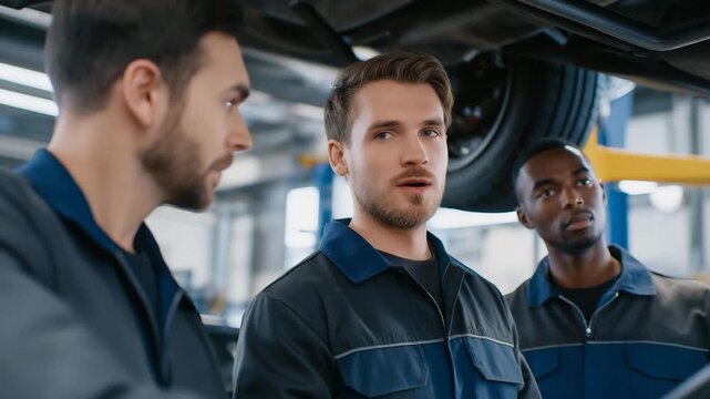 Mechanics in uniform working under a lifted truck in a professional garage symbolize technical competence, industrial safety, teamwork, and the organized workflow of modern automotive repair