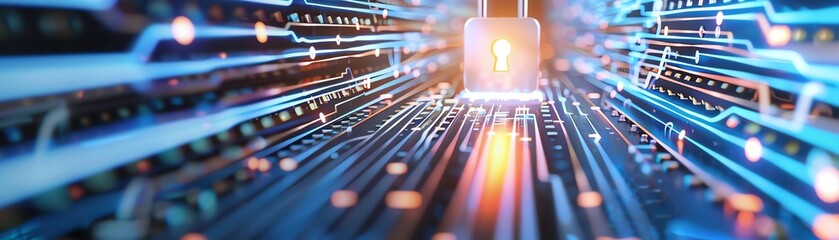 circuit road leading to glowing lock portal, symbolizing trusted digital pathways.
