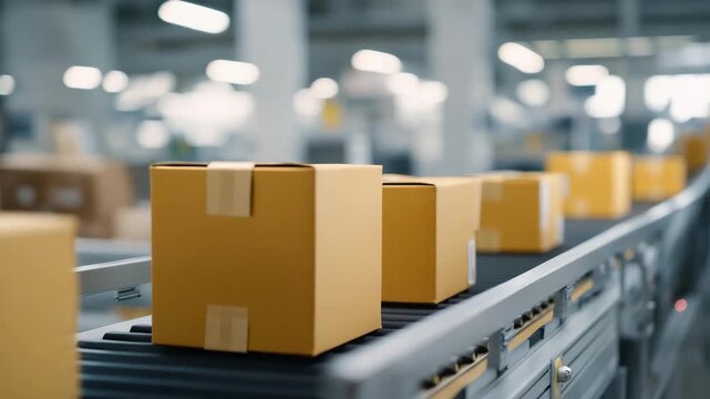 Packages and parcels move at high speed across a conveyor belt in a global shipping hub, emphasizing logistics efficiency, modern supply chains, e-commerce growth, and the nonstop machinery of - Powered by Adobe