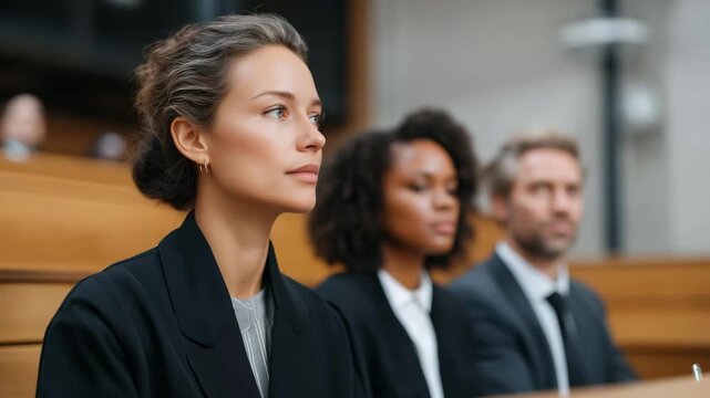 Panel of female and male jurors observing witness testimony with serious expressions while taking notes, symbolizing courtroom diligence, unbiased assessment, professional evaluation, legal