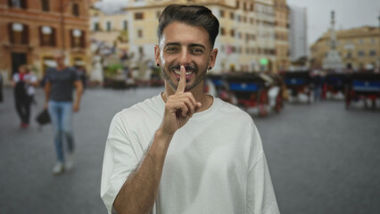 Man finger to lips for silence in bustling city street with horse carriages and historic buildings;...