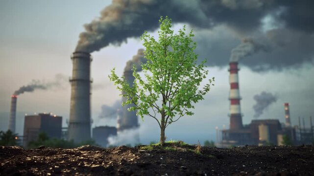 Young tree sapling growth green leaf single plant soil industrial smoke factory skyline pollution environmental contrast future conservation clean