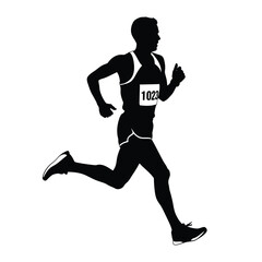 Silhouette of a male runner in motion wearing a bib with the number one zero two three on it