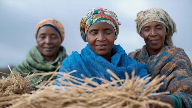 Savanna cooperative with Kenyan women threshing millet, drought-resistant eco-farming, women-led resilient harvest, African organic distribution. three-quarter wide angle, cinematic color