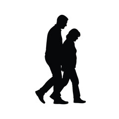 Silhouette of a man and woman walking together in profile against a white background image view