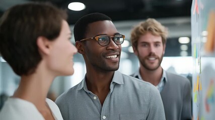 Team members collaborating around a whiteboard filled with charts and sticky notes, showcasing productivity concept, teamwork, project planning, brainstorming sessions, and the power of collective