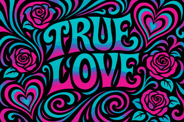 Fototapeta premium Psychedelic Love Dream. True Love. psychedelic 60s lettering, warped curves, swirling ornaments, vibrant