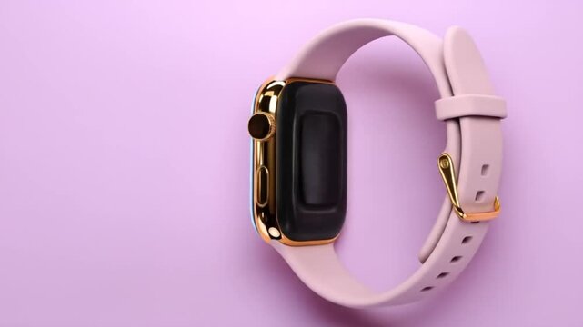 Stylish, modern smartwatch with a pale pink band and gold bezel against a soft, pastel background.