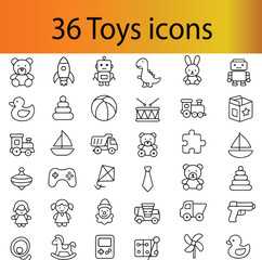 50 Line Art Toy Icons Set – Children’s Playthings Vector Collection on White Background